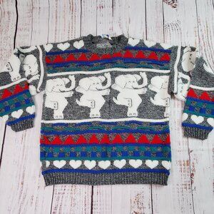Vintage Rose Sweater Womens S/M Gray White Dancing Elephants Hearts Acrylic Knit